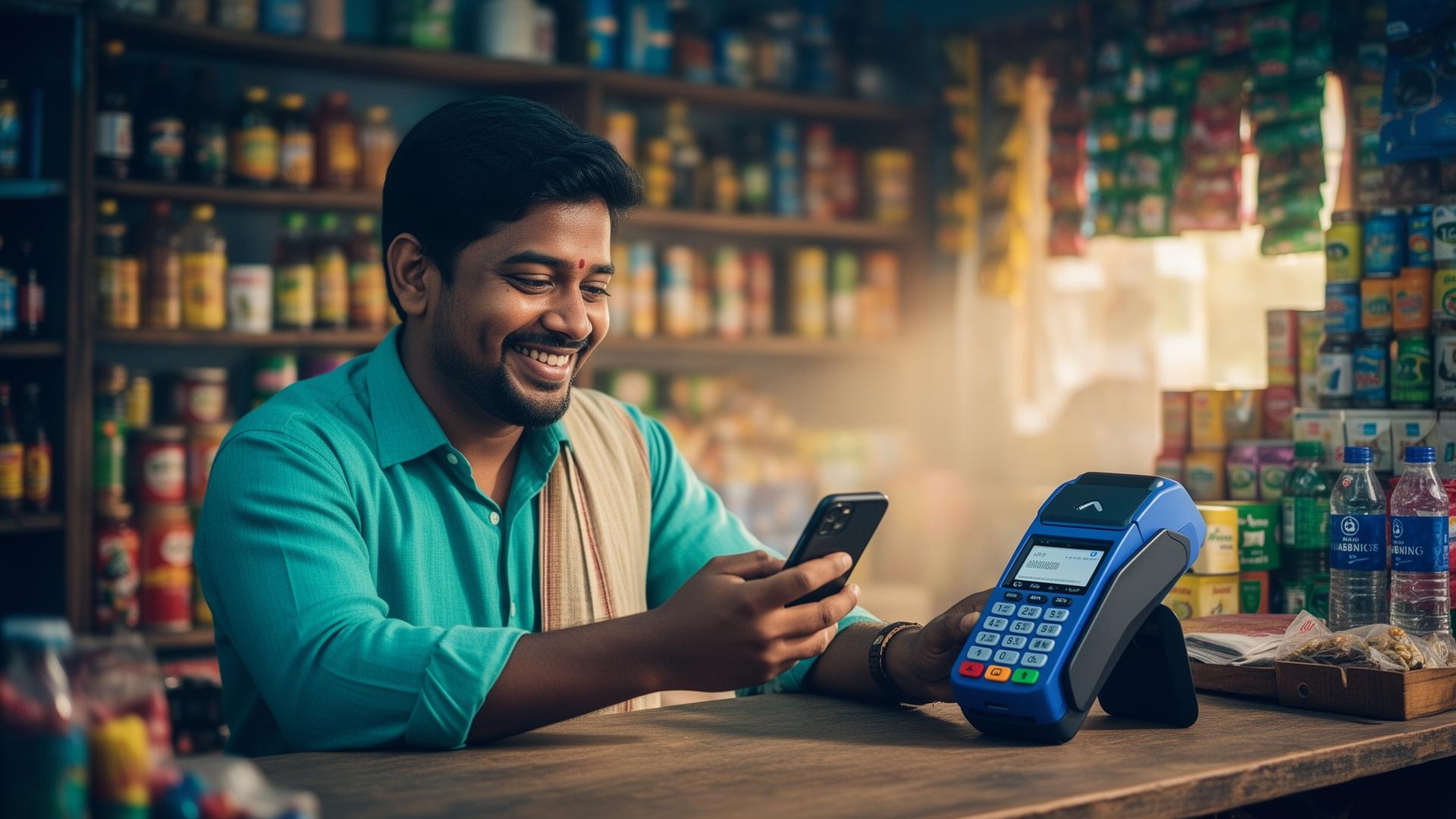 Rural shopkeeper using a micro-ATM and smartphone to serve a customer